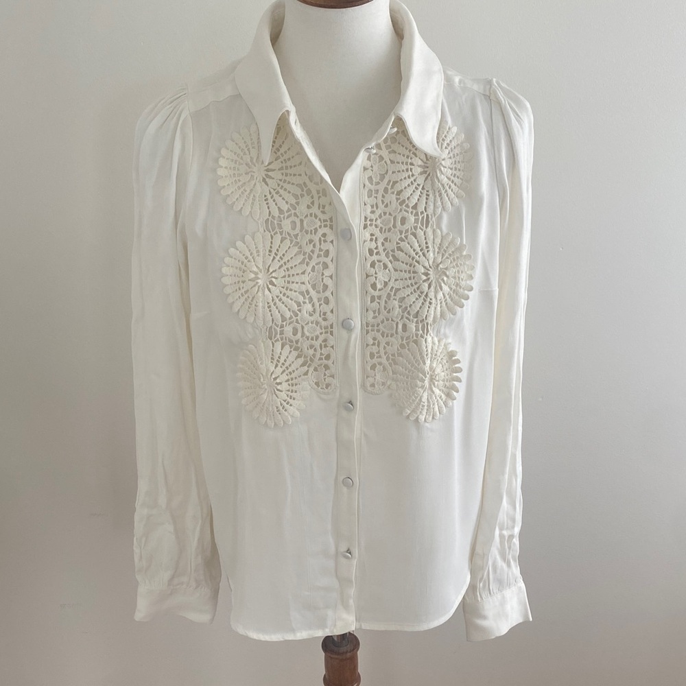 Boden White Crochet-Front Button Down Shirt